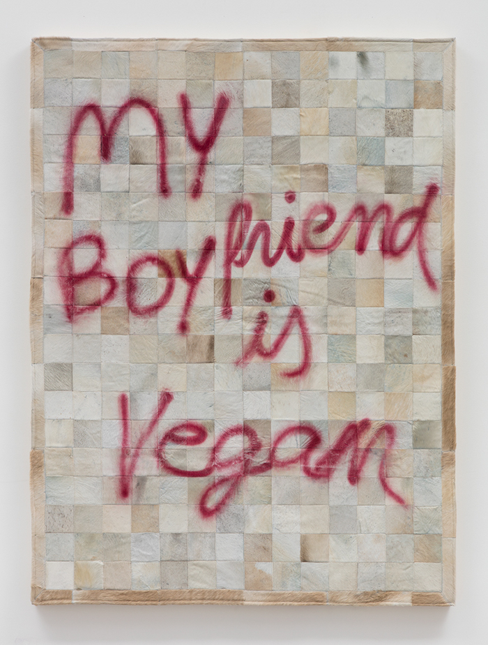 Adriano Costa,   TheButcher'sArms,   2016,   spray paint and leather mounted on wood,   198.1 x 147.3 x 6.4 cm Courtesy David Kordansky Gallery,   Los Angeles