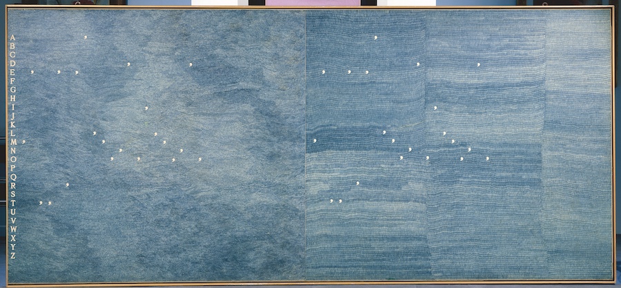Alighiero Boetti, Mettere al Mondo il Mondo, 1975, penna biro su carta intelata, 160x347. Courtesy Tornabuoni Arte