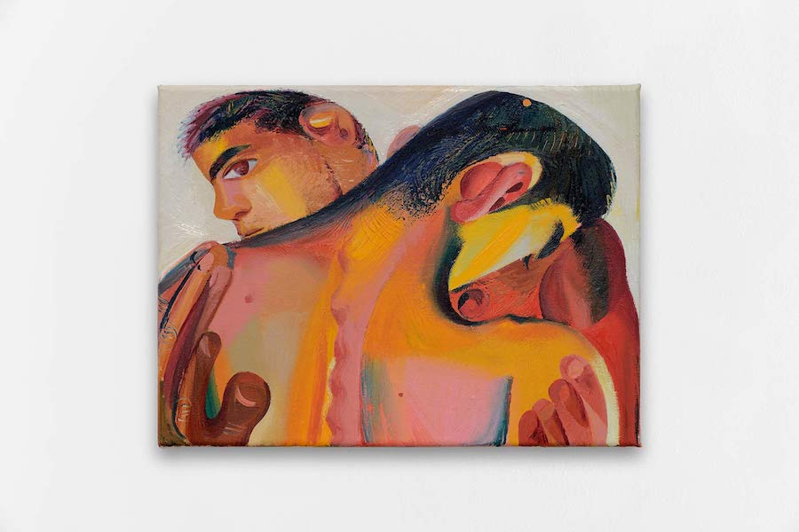 Louis Fratino, Embracing couple, 2018, oil crayon on canvas, cm. 23 x 30,5