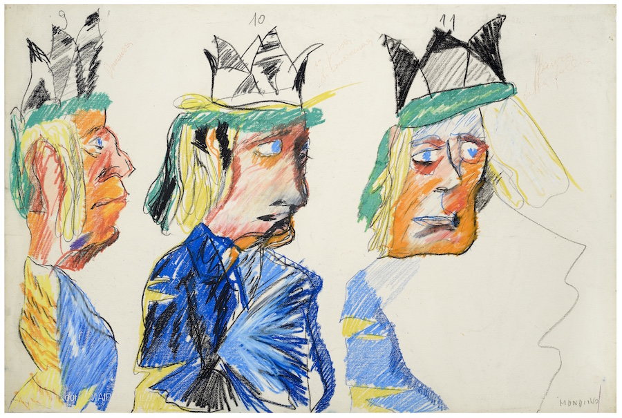 Aldo Mondino,   9 demenza,   10 1° presa di conoscenza,   11 paura della follia (I King),   1970 ca. Pastello ad olio e penna su carta,   69.8 x 104.2 cm