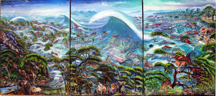 Onyango_Tsunami, 2005, trittico, acrilico su tela, Courtesy CAAC - The Pigozzi Collection, Ginevra