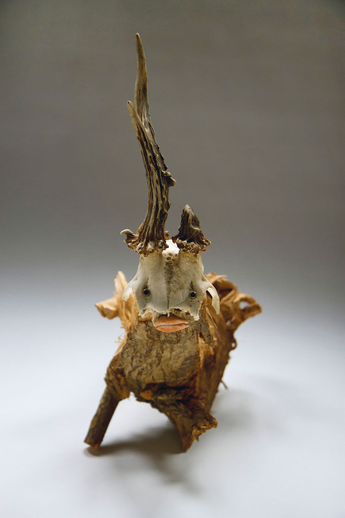 Daniel Spoerri, Tier, 2015, assemblage con legno, conchiglia, testa di cervo, e occhi di vetro 46 × 37 × 15 cm. - Collezione privata di Katrin Plavčak, Vienna