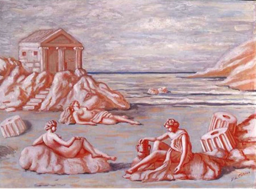 Giorgio de Chirico, Le figlie di Minosse (Scena antica in rosa e azzurro II), 1933, huile sur toile, 55.2x75 cm / 21.7x29.5