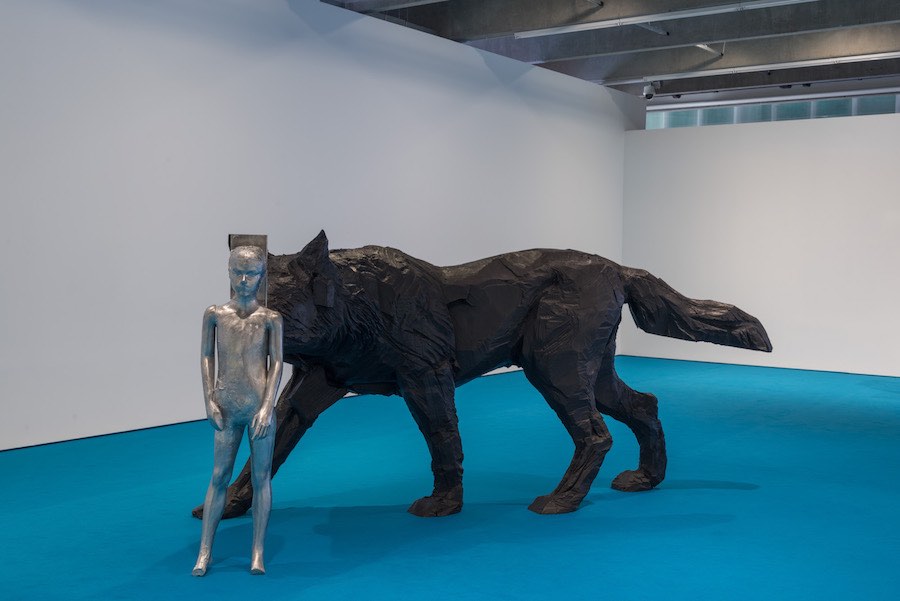 Andro Wekua Untitled, 2017 Aluminum and bronze with black patina Wolf:  57 7/8 x 83 7/8 x 42 1/8 inches (147 x 213 x 107 cm) Girl:  57 7/8 x 14 1/4 x 7 7/8 inches (147 x 36 x 20 cm) Edition 1 of 2 Courtesy Gladstone New York